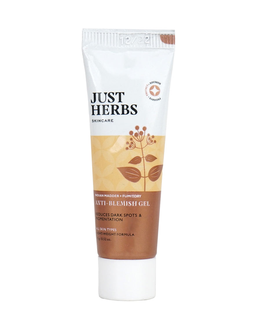 Anti-blemish gel tube, white and brown Just Herbs skincare packaging