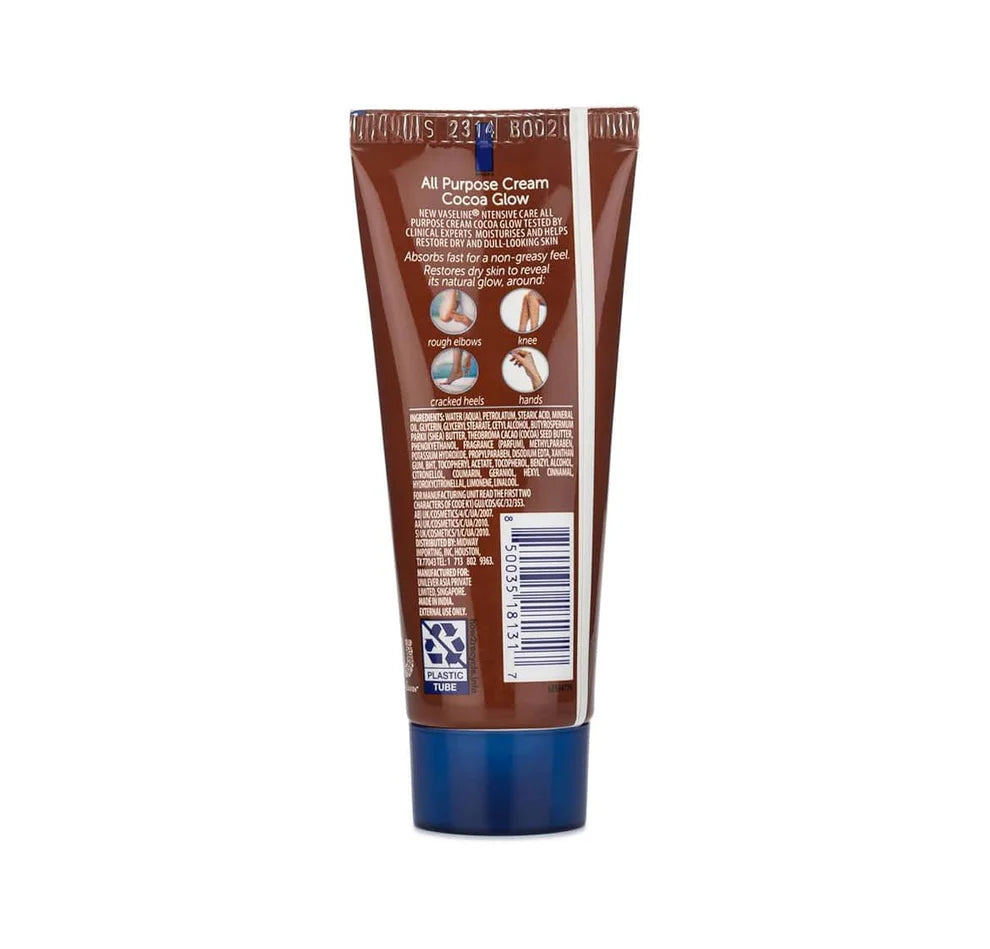 Vaseline All Purpose Cream Cocoa Glow lotion tube, back label view