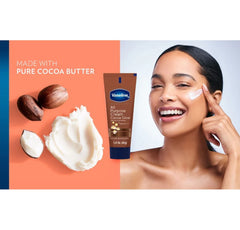Vaseline cocoa glow cream tube with woman wearing cream on cheek