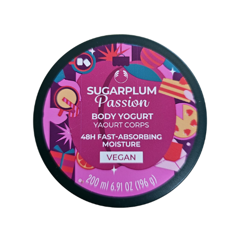The Body Shop Sugarplum Passion body yogurt jar, purple lid and label with vegan badge