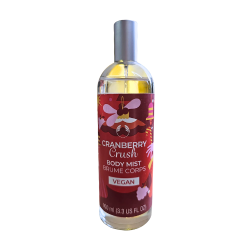 Body fragrance mist bottle with sprayer, amber liquid, cranberry crush label, 100 ml.