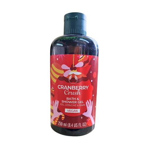 The Body Shop Cranberry Crush bath & shower gel bottle, dark red with ribbed cap