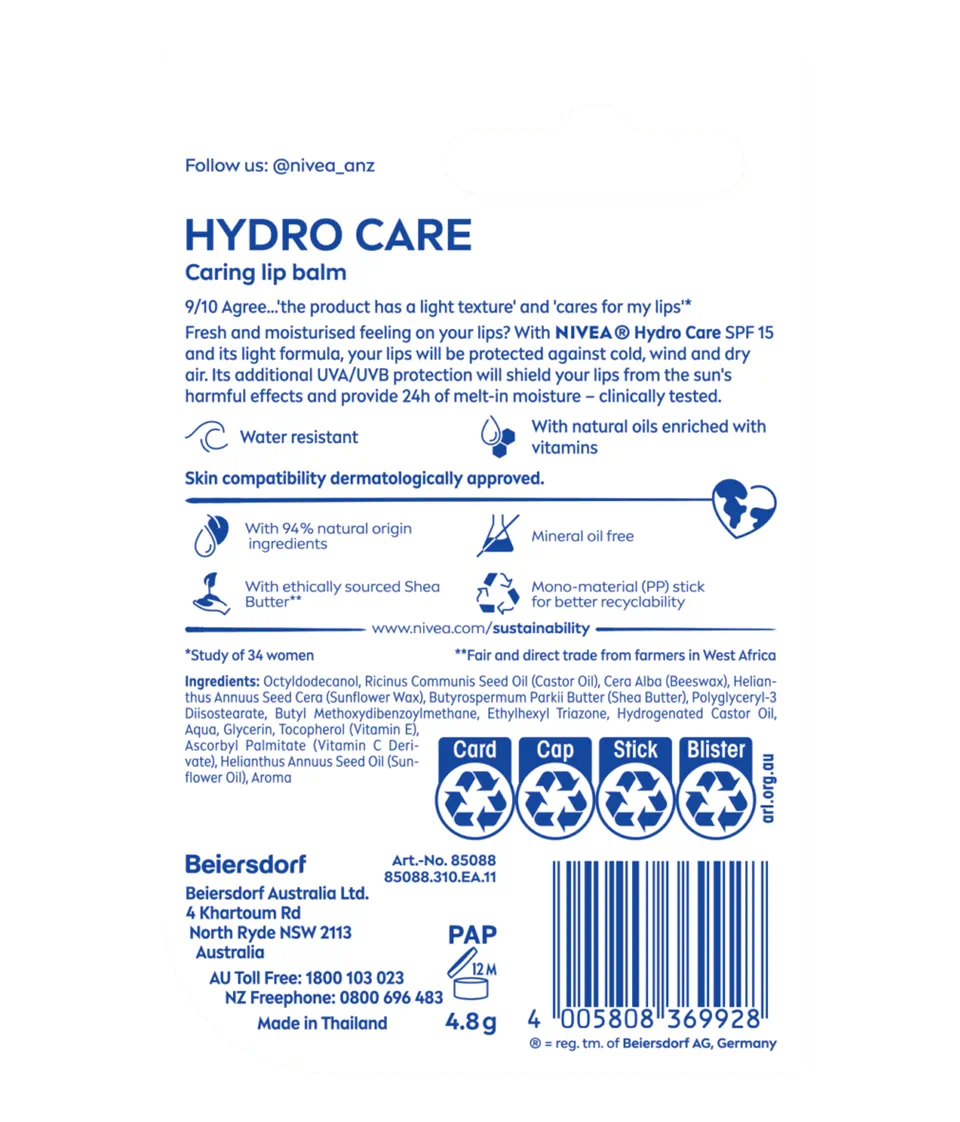 Nivea - Hydro Care Lip Balm SPF 15 4.8g