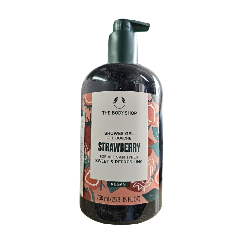 The Body Shop strawberry shower gel bottle with vegan label, 750 ml