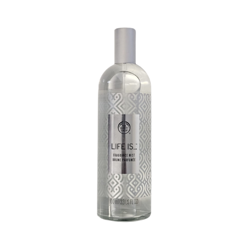 The Body Shop Life Is body fragrance mist bottle, clear glass with silver cap