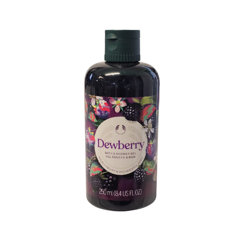 Dewberry shower gel bottle, 250 mL, dark plastic with flip-top cap.