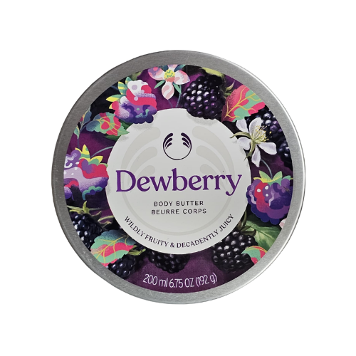 Dewberry body butter 200 ml tin lid with berry floral label