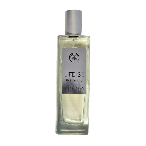 Eau de toilette bottle, clear glass and silver cap, The Body Shop Life Is label