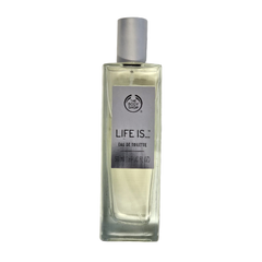 Eau de toilette bottle, clear glass and silver cap, The Body Shop Life Is label