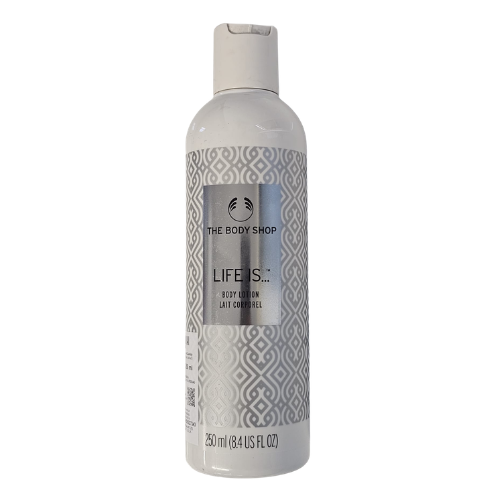 The Body Shop Life Is body lotion bottle, 250 ml, pump cap, patterned label