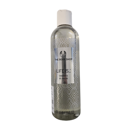 Shower gel bottle with clear liquid, pale pump cap, and blue geometric label.