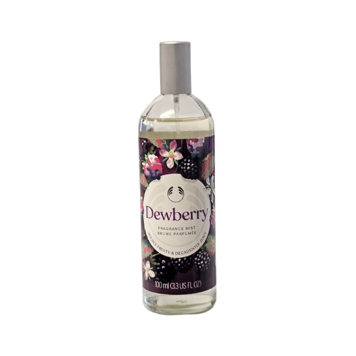 Dewberry body mist bottle with silver cap, clear glass, floral label, 100 ml