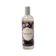 Dewberry body mist bottle with silver cap, clear glass, floral label, 100 ml