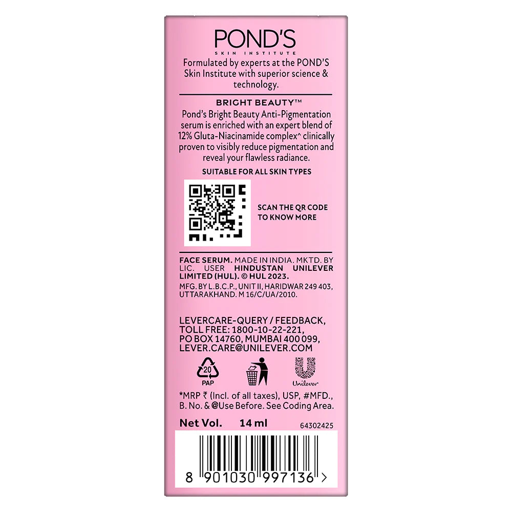 Pond's Bright Beauty anti-pigmentation serum box back with label details and QR code