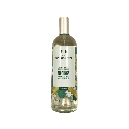The Body Shop moringa body mist bottle, 100 ml, clear glass with green label