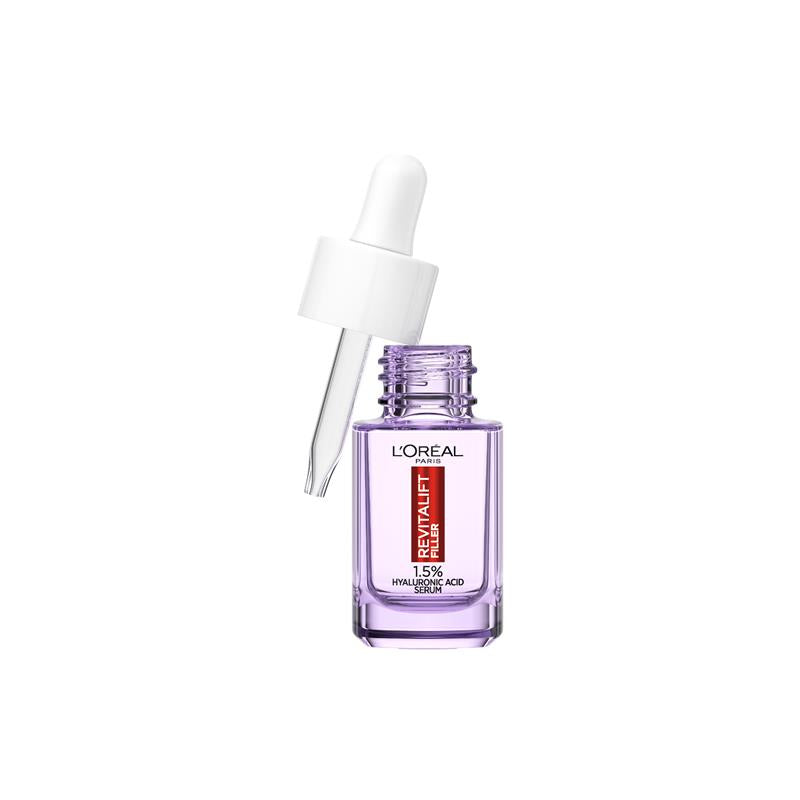 Revitalift hyaluronic acid serum bottle with white dropper, purple liquid