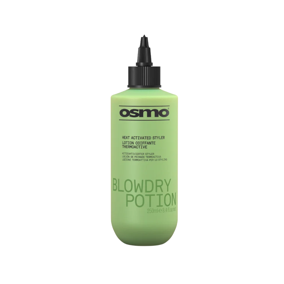 Osmo Blowdry Potion heat-activated styler in green bottle with pump nozzle
