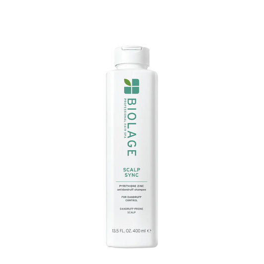 Biolage Scalp Sync anti-dandruff shampoo bottle, white plastic with pump cap