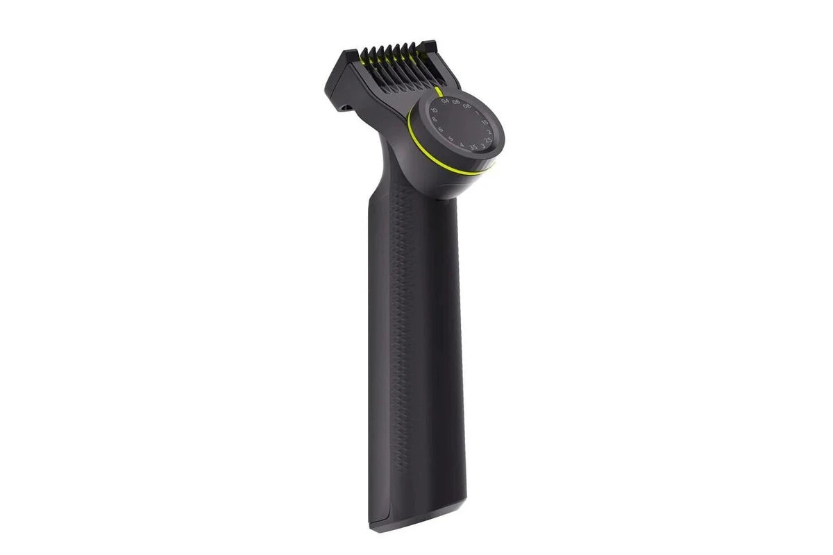 Face shaver handle with pivoting trimmer head and power button