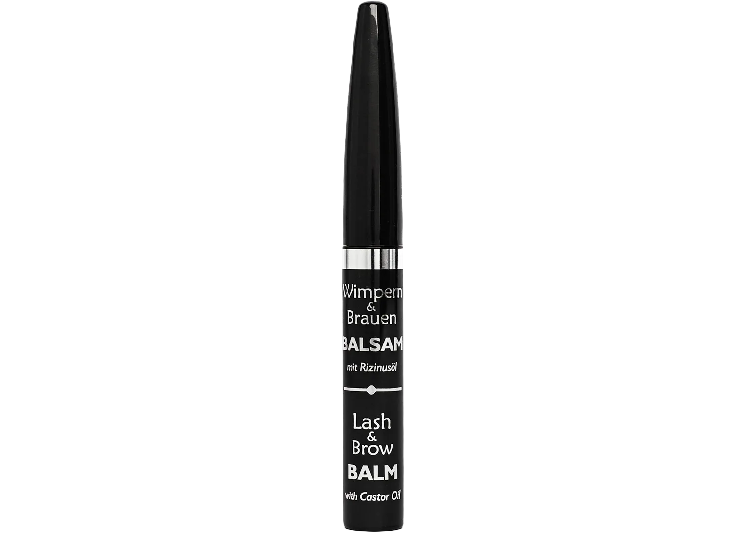 Eyelash and eyebrow balm tube, dark with label, slim applicator-style cap.
