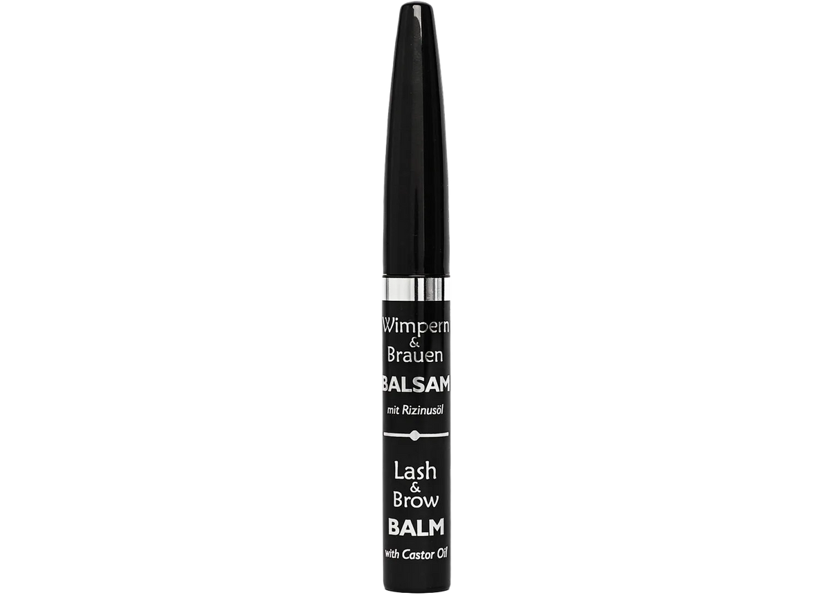 Eyelash and eyebrow balm tube, dark with label, slim applicator-style cap.