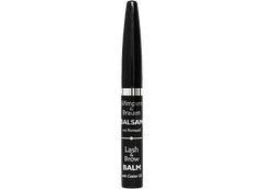 Eyelash and eyebrow balm tube, dark with label, slim applicator-style cap.
