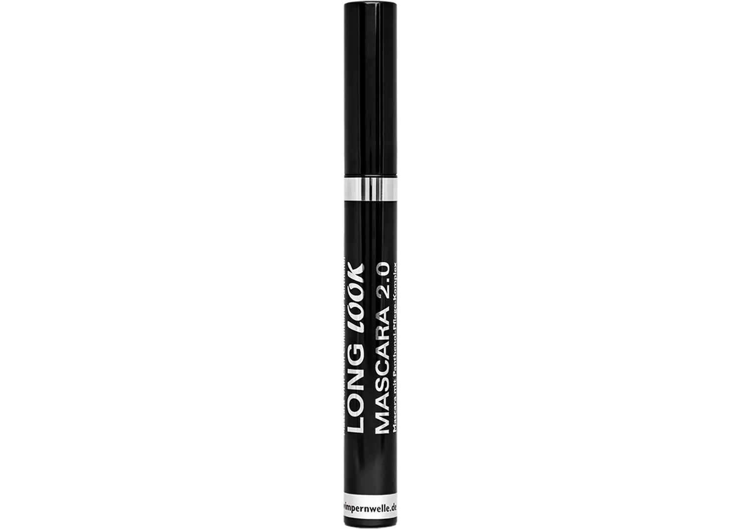 Mascara tube with black cap and white label, 'LONG LOOK' print