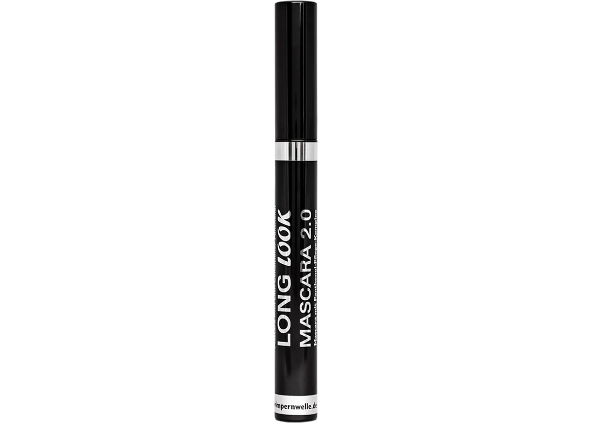 Mascara tube with black cap and white label, 'LONG LOOK' print
