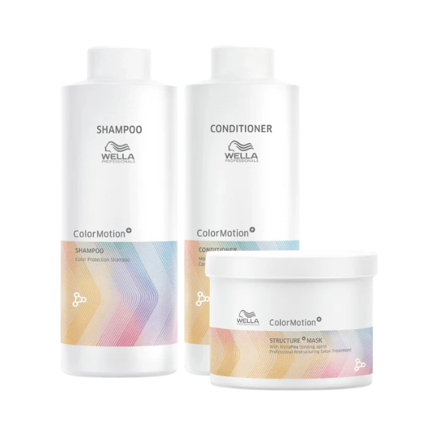 Hair care bundle with white shampoo and conditioner bottles plus ColorMotion mask tub