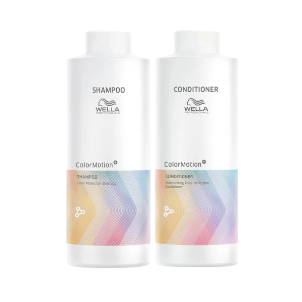 Wella ColorMotion+ shampoo & conditioner bundle: two white 1L bottles with labels