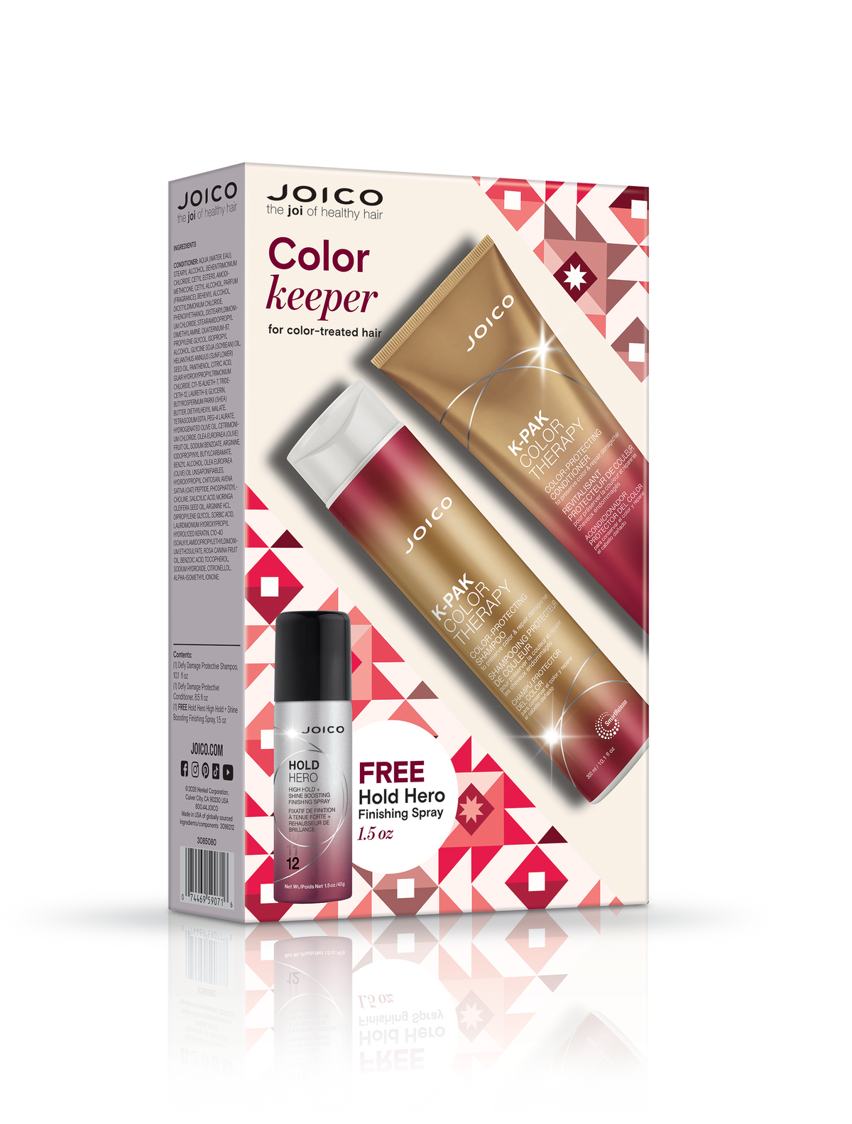 Hair care holiday duo set with color keeper shampoo, conditioner, and hold hero mini