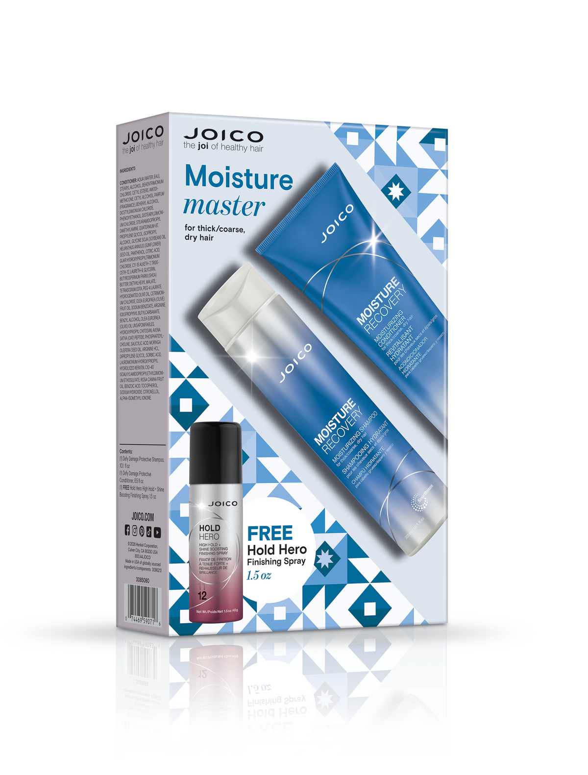 Hair care set box with shampoo, conditioner, and mini hold hero