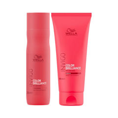 Wella Invigo Color Brilliance shampoo and conditioner bottles, red