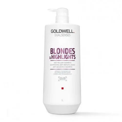 Hair care bottle with pump, Goldwell Dualsenses Blondes & Highlights anti-yellow, front