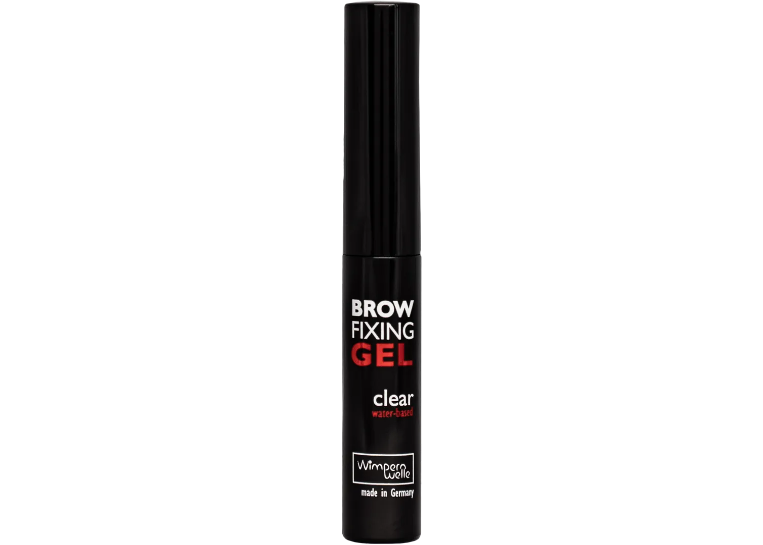 Brow fixing gel tube bottle, clear formula, black cap and label.