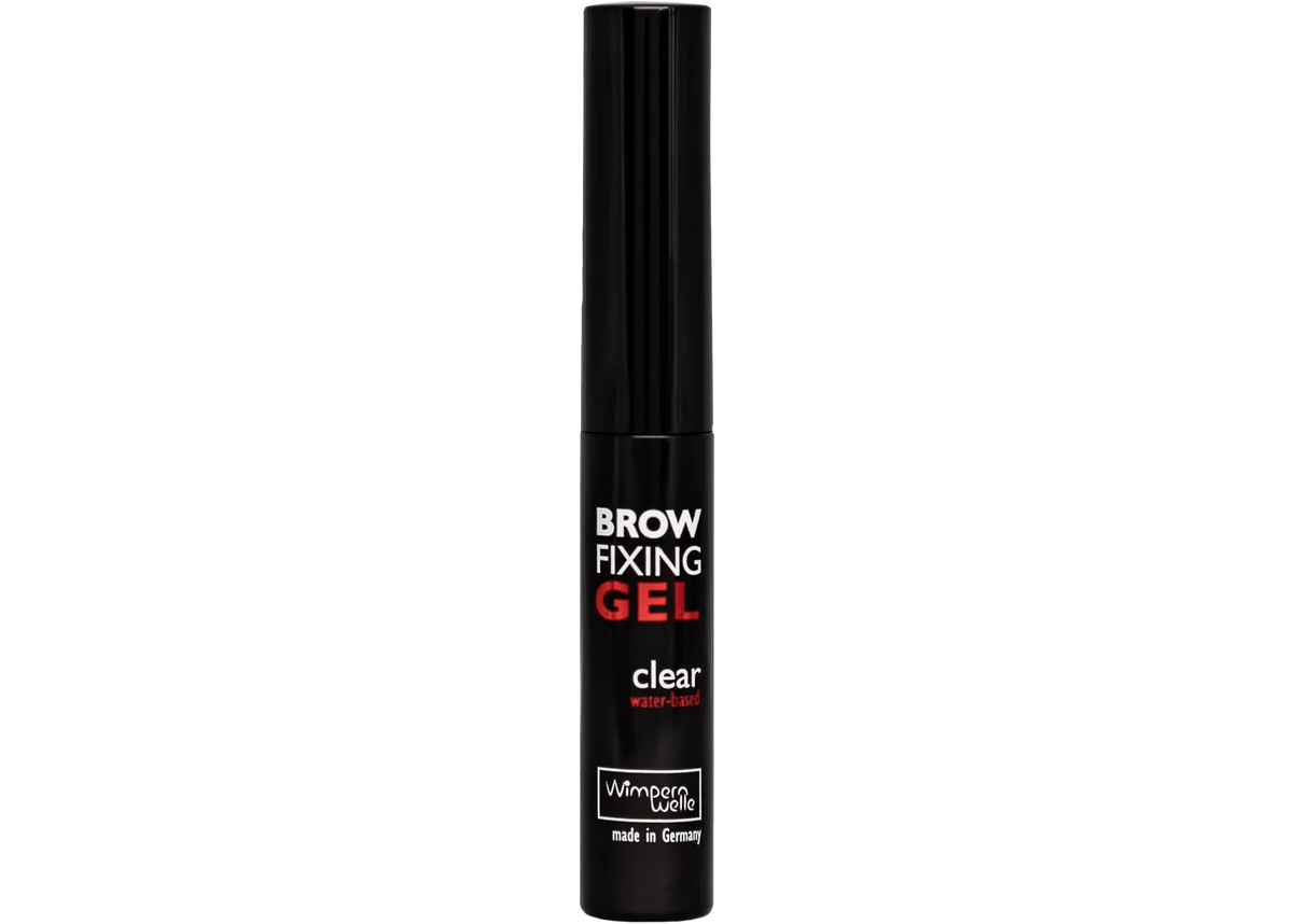 Brow fixing gel tube bottle, clear formula, black cap and label.