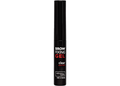 Brow fixing gel tube bottle, clear formula, black cap and label.