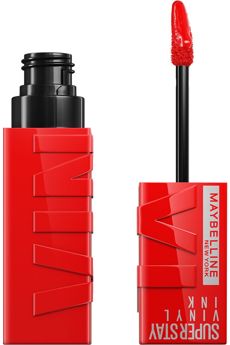 Maybelline Super Stay Vinyl Ink liquid lipstick in red, with black cap and applicator tip