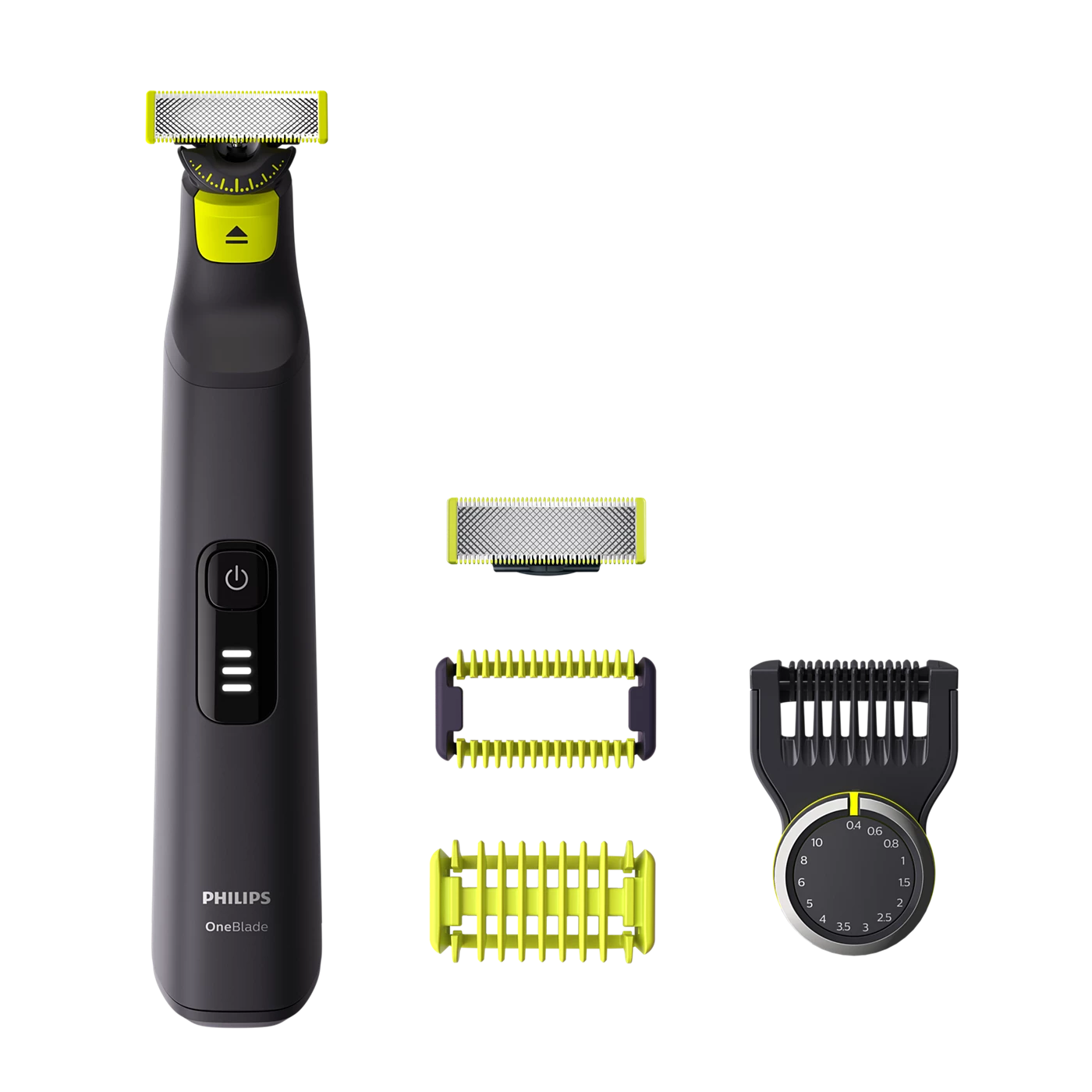 Electric OneBlade Pro trimmer with adjustable dial and multiple attachment combs
