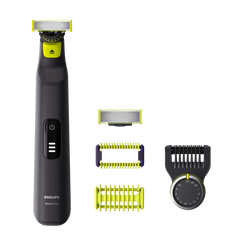 Electric OneBlade Pro trimmer with adjustable dial and multiple attachment combs