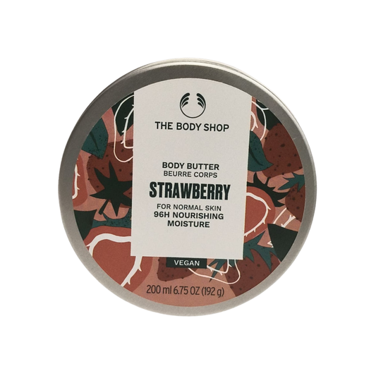 Strawberry body butter tub with The Body Shop label, 200 ml, vegan
