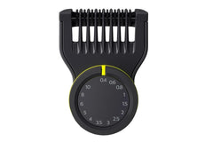 Face shaver trimmer head with adjustable length dial and comb teeth