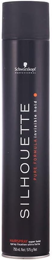 Hair spray bottle, dark, white label with orange dot, 750 ml