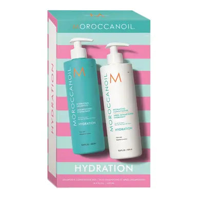 Moroccanoil Hydration shampoo and conditioner duo pack with turquoise and gray bottles
