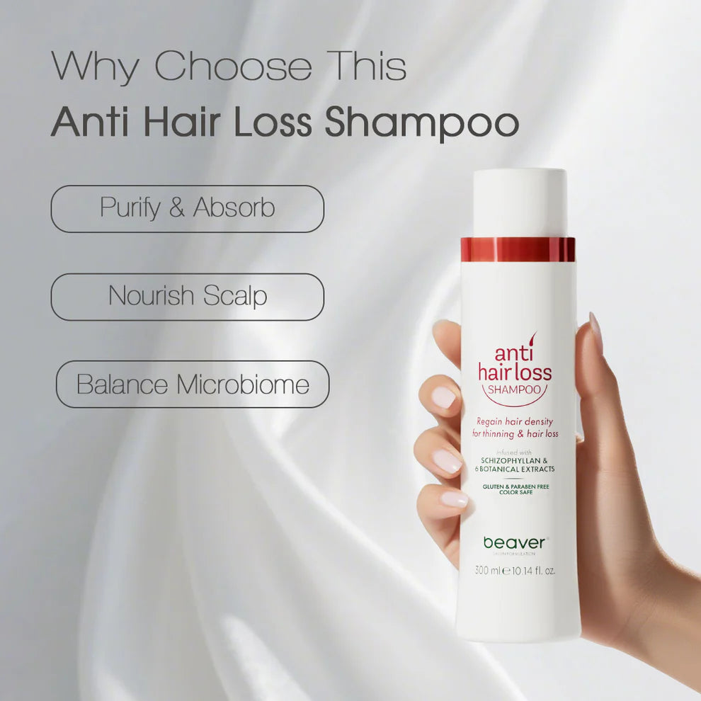 Anti-hair-loss shampoo bottle held in hand, white bottle with red band and label