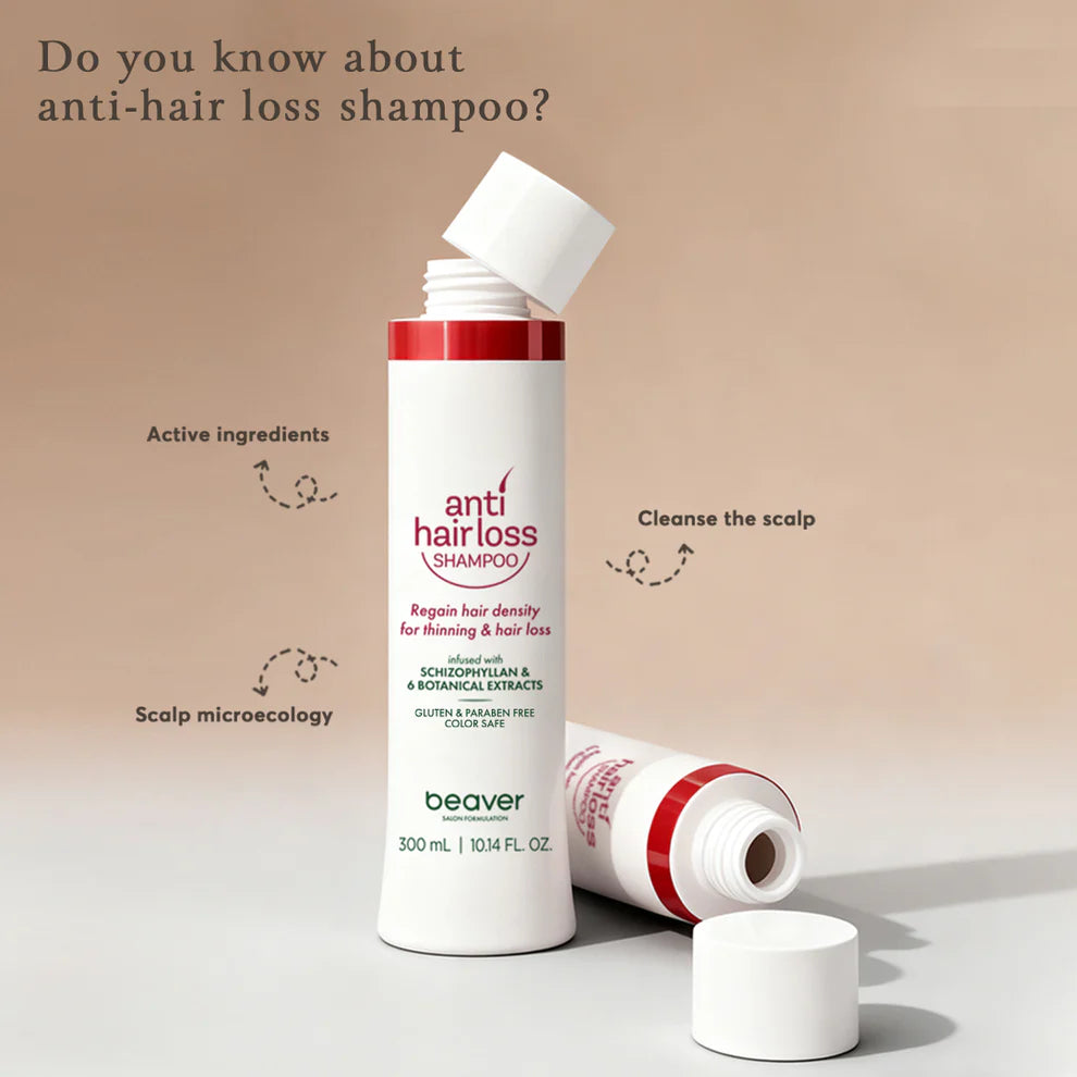 White anti-hair-loss shampoo bottle with red band, cap open and small cap on side