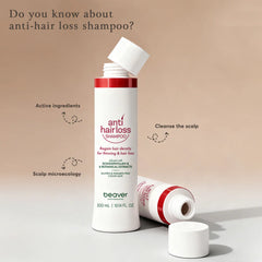 White anti-hair-loss shampoo bottle with red band, cap open and small cap on side