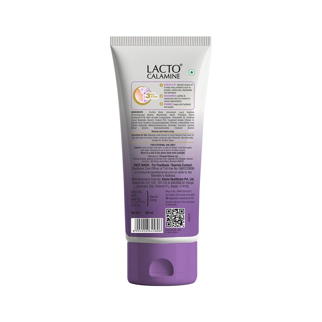 Lacto Calamine Face Wash tube with back label and barcode.