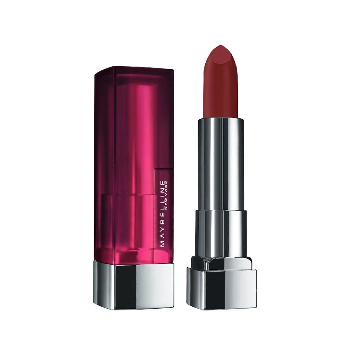 Maybelline Color Sensational lipstick in burgundy shade, with metal cap and tube.