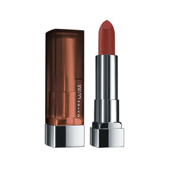 Creamy matte lipstick in rose shade, silver tube with dark copper cap